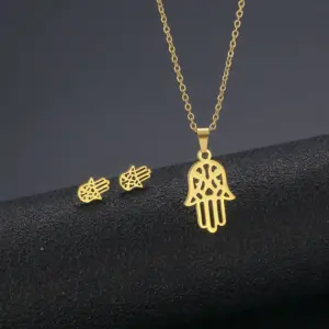 Wholesale European And American Couple Necklace Stainless Steel Simple Hollow Palm Necklace Earring Set