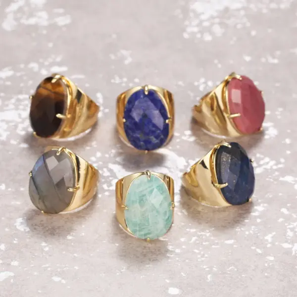 Wholesale Elegant Oval Natural Stone Copper Inlay Artificial Gemstones Open Ring