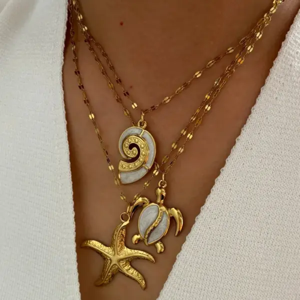 Wholesale 316L Stainless Steel Tortoise Starfish Conch Waterproof Non Tarnish Surgical Steel Marine Style Pendant Necklace For Women's