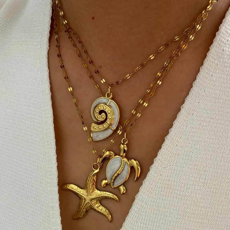 Wholesale 316L Stainless Steel Tortoise Starfish Conch Waterproof Non Tarnish Surgical Steel Marine Style Pendant Necklace For Women's