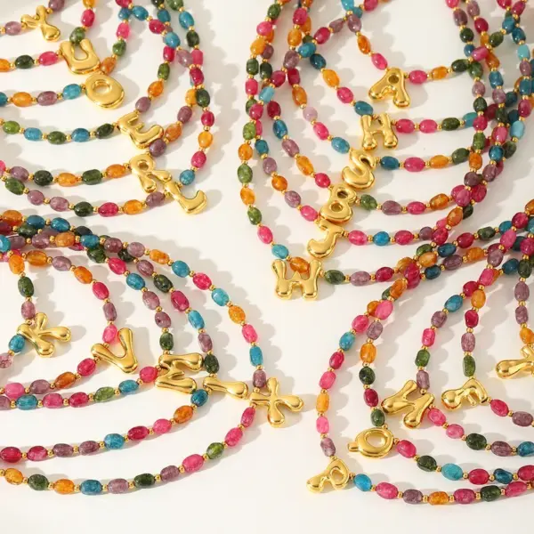 Wholesale Casual Elegant Classical Geometric Letter 304 Stainless Steel Natural Stone 14K Gold Plated 18K Gold Plated Natural Stone Beaded Chain Pendant Necklace In Bulk