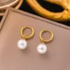Wholesale PVD Coated Real Gold Plated 18K Gold Pearl 304 Stainless Steel Plastic Waterproof Non Tarnish Drop Earrings