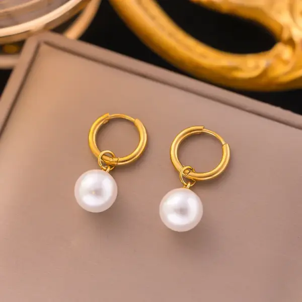 Wholesale PVD Coated Real Gold Plated 18K Gold Pearl 304 Stainless Steel Plastic Waterproof Non Tarnish Drop Earrings