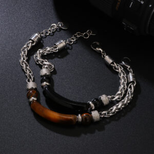 Wholesale Retro cool titanium steel tiger eye stone men's bracelet