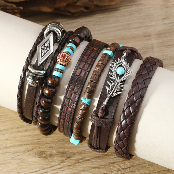 Wholesale Multi-layer coconut shell gravel feather turquoise 6-piece bracelet