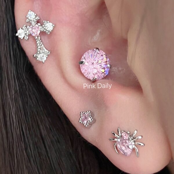 oly-2eab4839daae1d385f5728f7c4e9228d Wholesale Pink zircon cross ear bone nail titanium steel screw fireworks cut ear nail niche design butterfly earrings