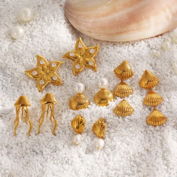 PVD Coated 18K Gold Plated Starfish Shell 304 Stainless Steel Casual Beach Waterproof Non Tarnish Rings Earrings