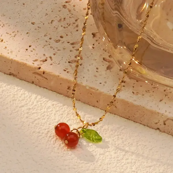 Wholesale 304 Stainless Steel Plastic Cherry Fruit Ion Plating (IP) 18K Gold Plated Cute Sweet Waterproof Non Tarnish Plating O-shaped Chain Box Chain Gold Earrings Necklace Jewelry Set