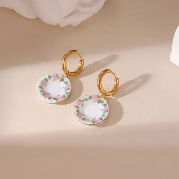 1 Pair Chinoiserie Classic Style Kettle Plate Teacup 304 Stainless Steel Ceramics Drop Earrings