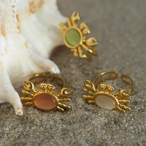 Wholesale Ion Plating (IP) Real Gold Plated 18K Gold Crab 304 Stainless Steel Cat's Eye Stone Vacation Marine Style Waterproof Non Tarnish Open Rings