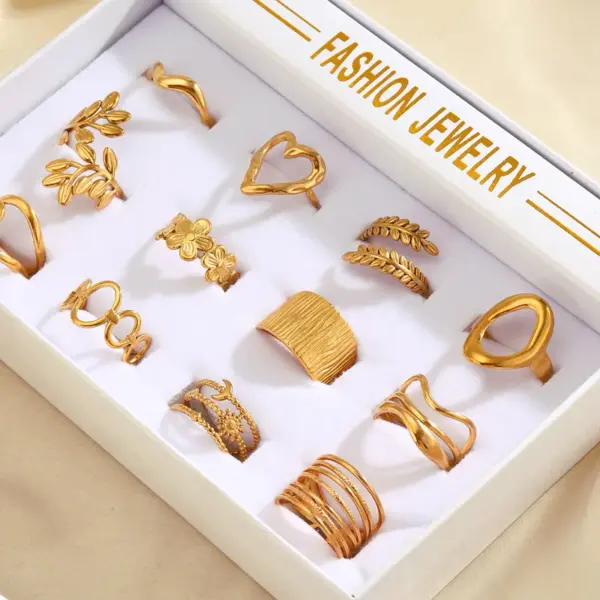 Ion Plating (IP) 18K Gold Plated Leaves Heart Shape Lines 304 Stainless Steel Cute Retro Simple Style Waterproof Non Tarnish Rings