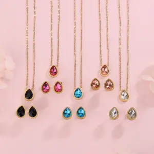 304 Stainless Steel Glass Water oplets Ion Plating (IP) Artificial Rhinestones 18K Gold Plated Sweet Simple Style Waterproof Non Tarnish Inlay Regular Chain Multicolor-Golden Yellow Jewelry Set