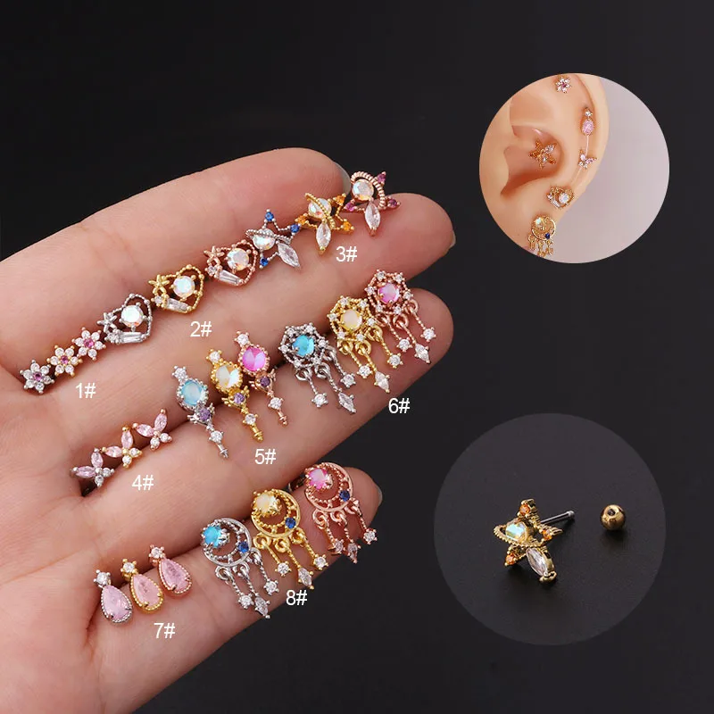 Wholesale 316L Stainless Steel Copper Other Ear Cartilage Rings & Studs Flower Waterproof Non Tarnish Surgical Steel