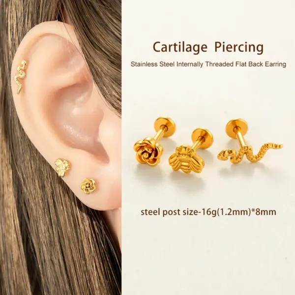 Wholesale 316 Stainless Steel Flower Snake Casual Simple Style Ear Studs For Women's
