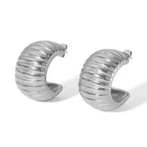 【XKE0126】C-shaped Striped Earrings / Steel Color