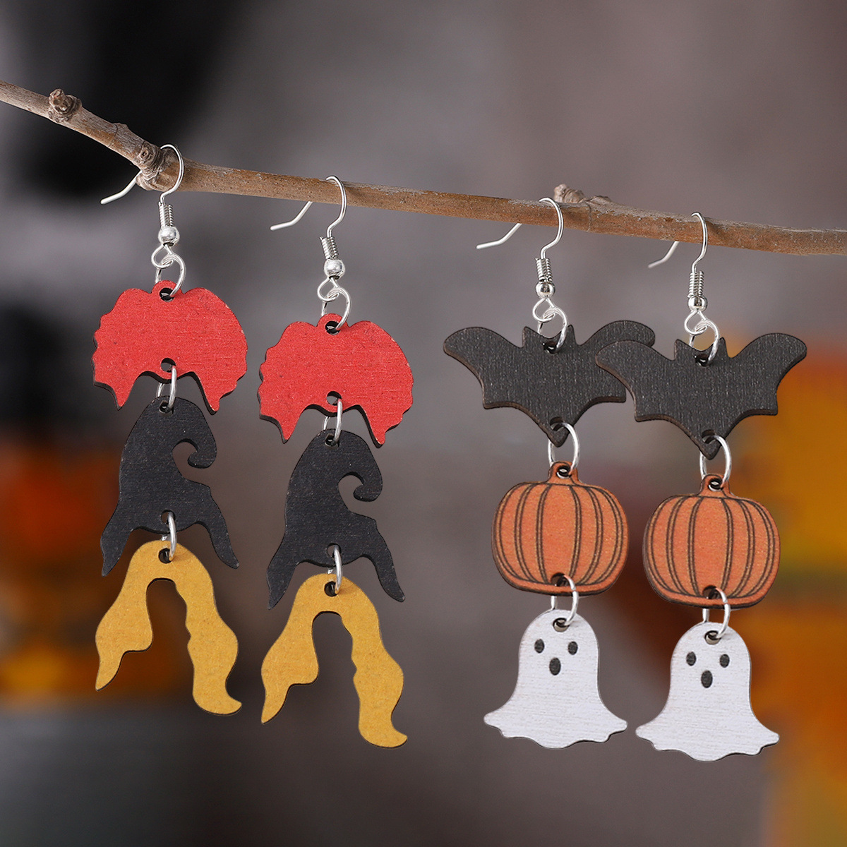 Wholesale Cross Border New Witch Pumpkin Bat Ghost Pendant Earrings Wooden Double Sided Earrings Gift