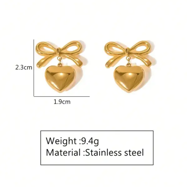 Wholesale Ion Plating (IP) 18K Gold Plated Heart Shape Bow Knot 304 Stainless Steel Elegant Glam Classic Style Waterproof Non Tarnish Drop Earrings
