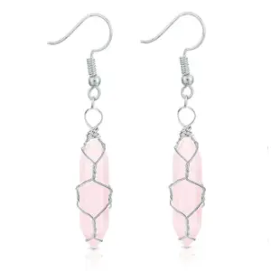 Silver Pink Crystal Earrings / Wire-Wound Hexagon Prism Earrings