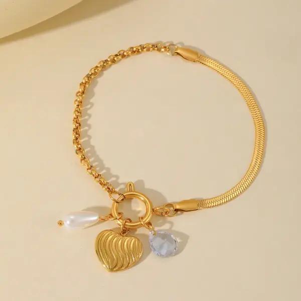 Casual Elegant Cute Cross Heart Shape Flower 304 Stainless Steel 18K Gold Plated Imitation Pearl Zircon Cable Chain Snake Chain Bracelets In Bulk