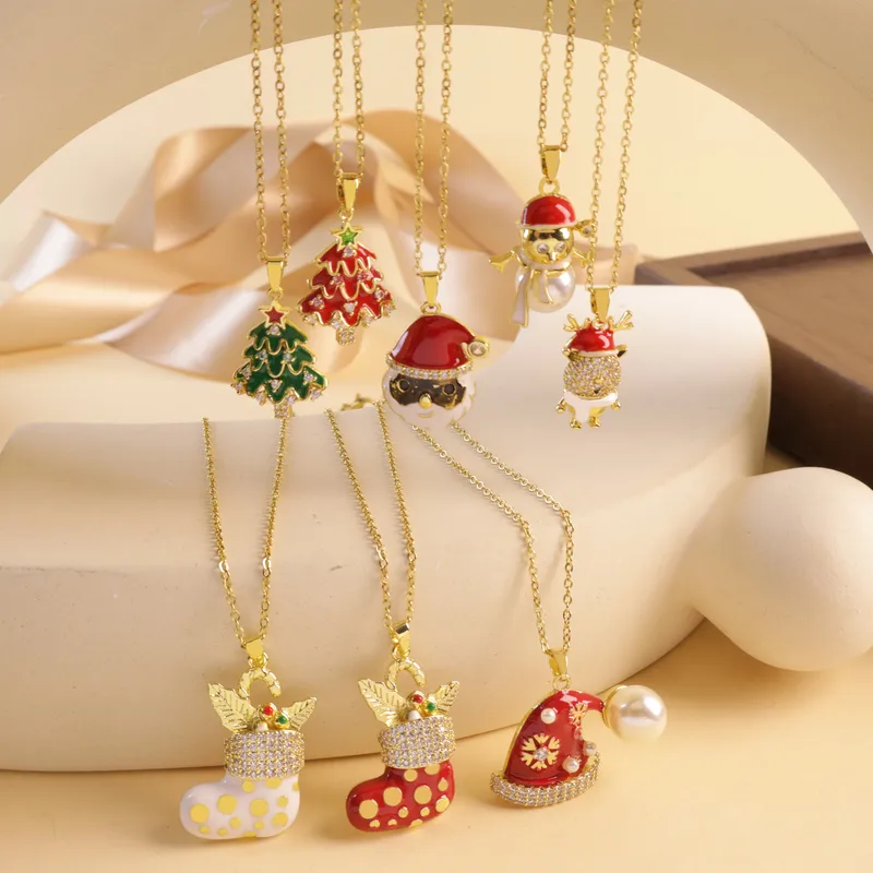 Wholesale Titanium Steel Copper Cable Chain Enamel Inlay Christmas Hat Christmas Socks Pearl Zircon Pendant Necklace