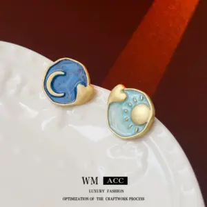 Silver Needle Drop Oil Love Sun Moon Star Earrings