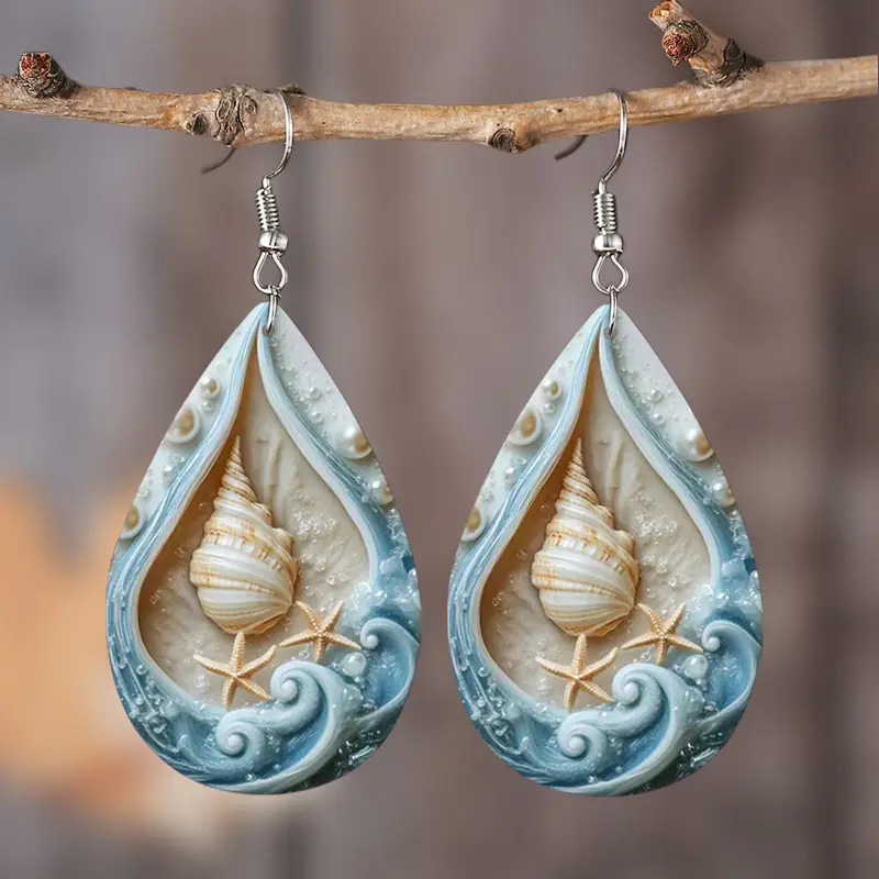 Wholesale Ocean-style double-sided water op PU leather earrings