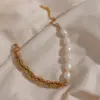 Wholesale PVD Coated Real Gold Plated 18K Gold Geometric 304 Stainless Steel Fashion Waterproof Non Tarnish 304 Stainless Steel Freshwater Pearl Necklace
