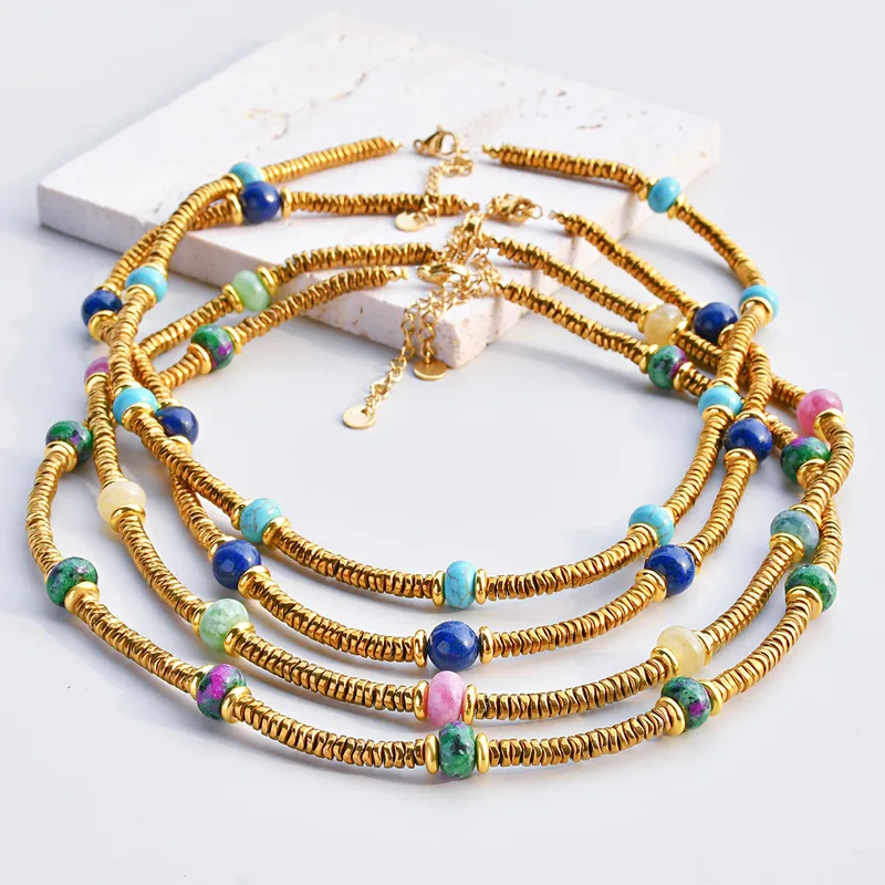 Wholesale Retro Geometric 316L Stainless Steel Natural Stone Vacuum Plating Necklace In Bulk