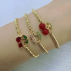 Wholesale Jewelry Cute Sweet Artistic Cherry Copper Zircon 18K Gold Plated Inlay Beaded Chain Bracelets