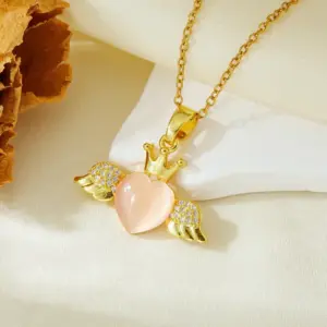 Gold Angel Crown Pink Stone Necklace T021
