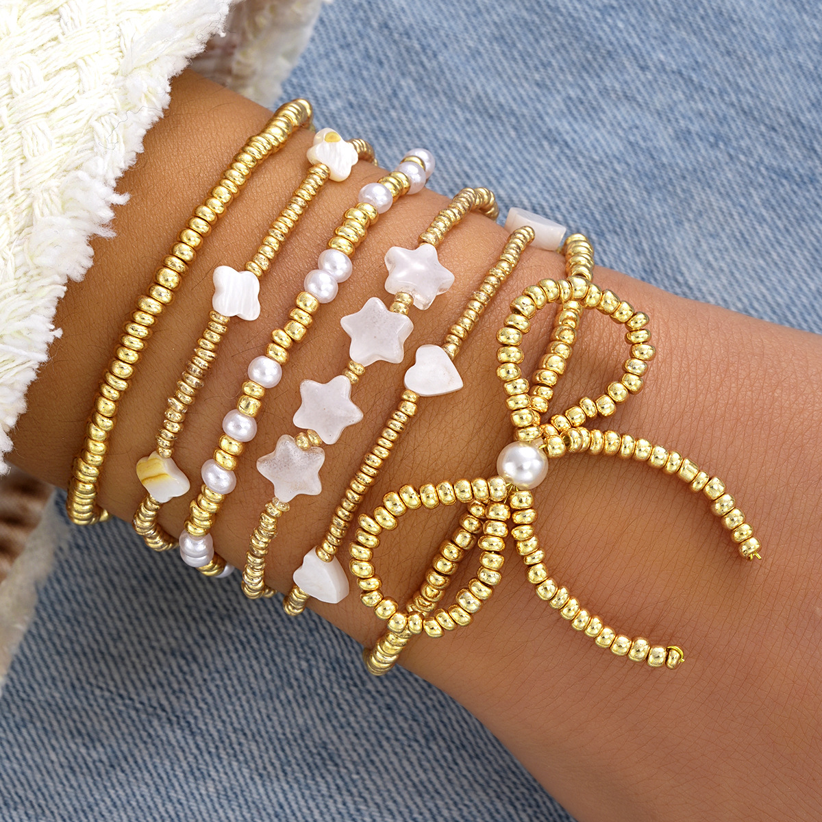 Wholesale European and American Beach Peak Leisure Cross-border B Bow Pearl Bracelet 6-piece Set Niche Advanced Beaded suit