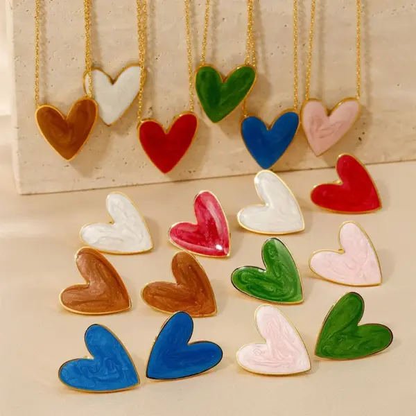 Wholesale 316 Stainless Steel Heart Shape PVD Coated Stone-Free Real Gold Plated Simple Style Classic Style Waterproof Non Tarnish White Pink Red Earrings Necklace