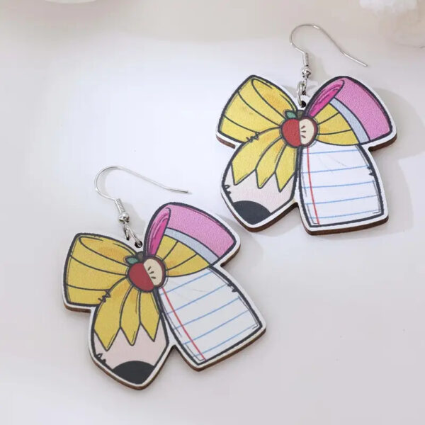 Wholesale Cross-Border Hot Selling Graduation Season Bow Creative Pencil Double-Sided Pattern Wooden Earrings Teacher's Day Gift