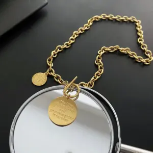 02-G12 Titanium Steel round Letter Necklace / Gold