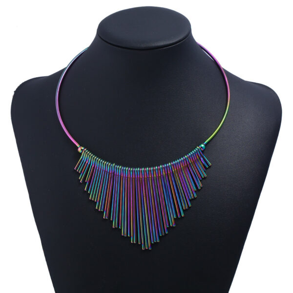 oly-2fc103fe75cd5c53e26dba61b257e772 Wholesale New European and American long tassel metal collar clavicle chain fan-shaped colorful short necklace trend punk style
