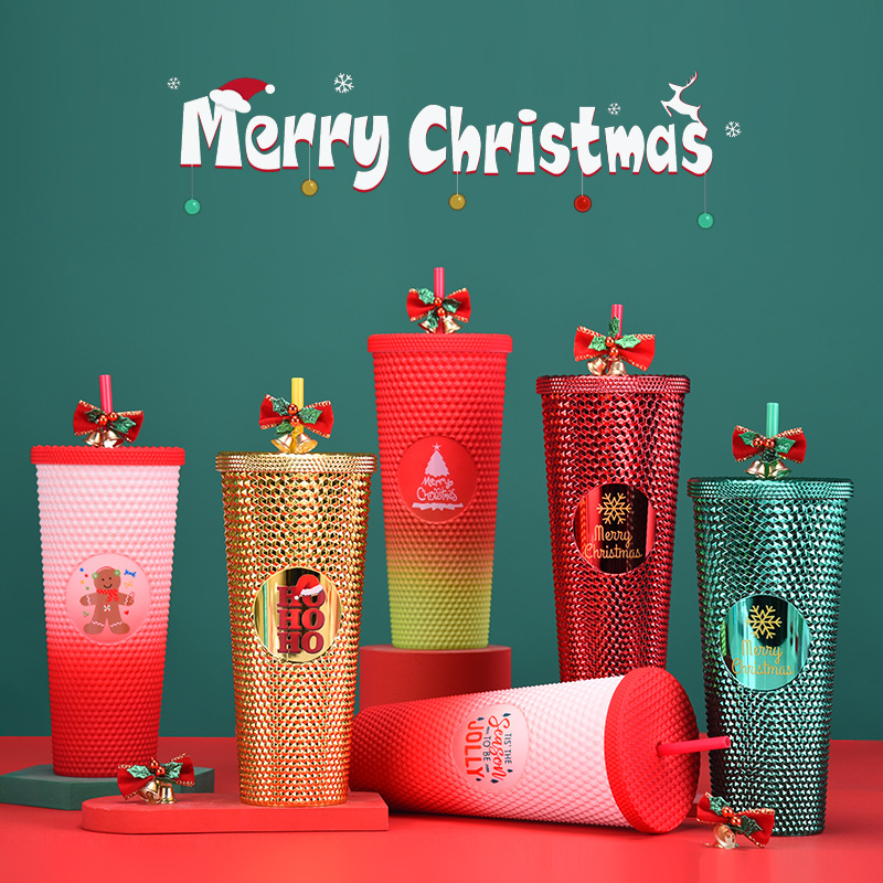 Wholesale 710ml Double Layer Plastic Suction C Durian C Tie Hand C Christmas Gradient Suction C