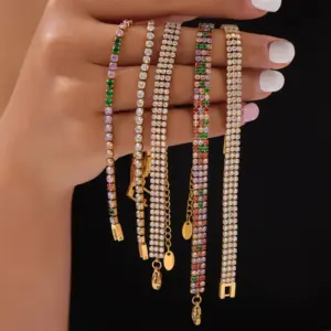 Wholesale 304 Stainless Steel Quadrilateral Round PVD Coated Zircon Real Gold Plated Elegant Simple Style Waterproof Non Tarnish Plating Inlay Tennis Chain Lobster Trigger Clasp Closure Bracelets