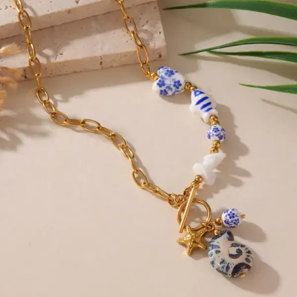 Ion Plating (IP) 18K Gold Plated Starfish Snails Fish 304 Stainless Steel Ceramics Casual Hawaiian Beach Waterproof Non Tarnish Bracelets Necklace
