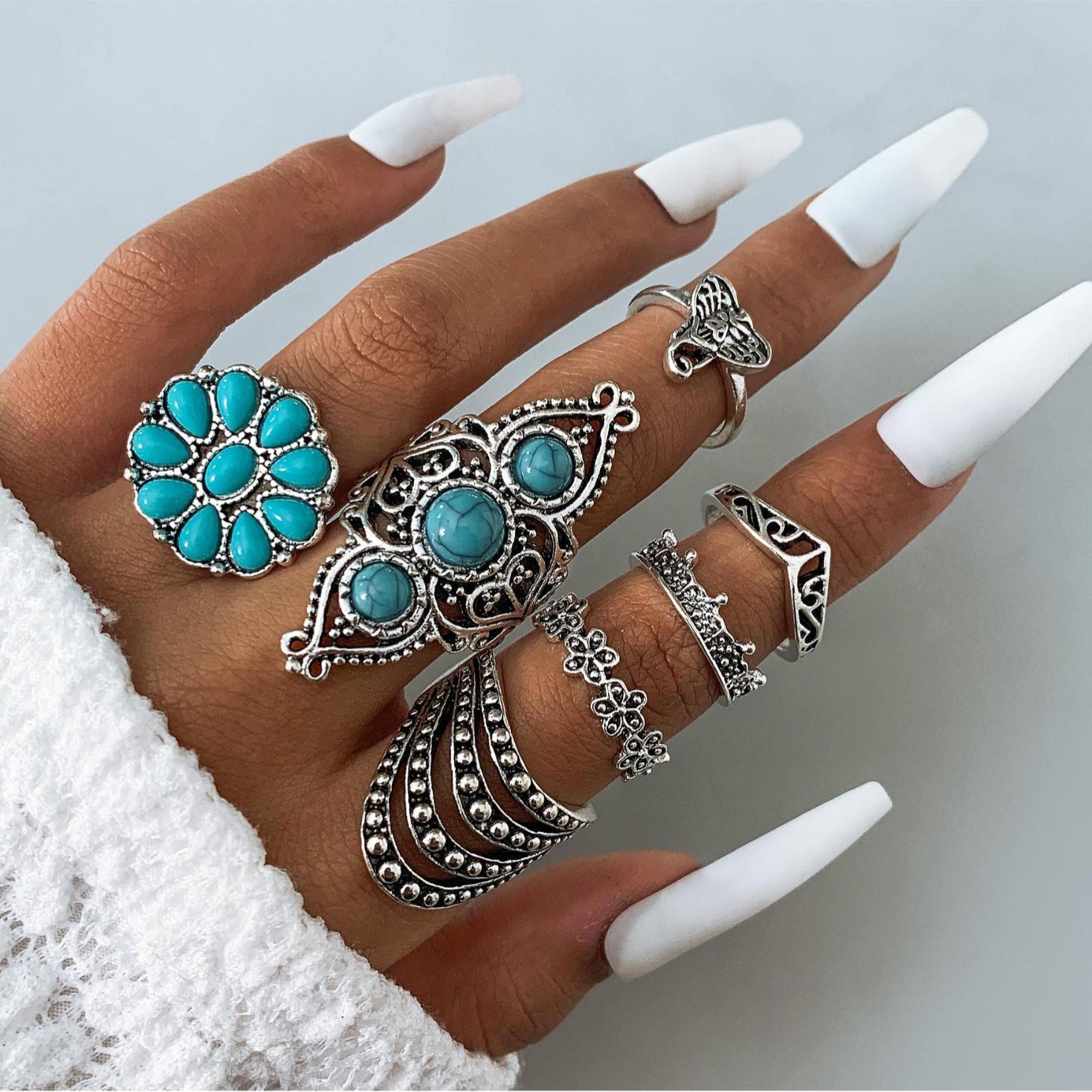 Wholesale Jewelry Retro Ethnic Style Turquoise Elephant Geometric Graphic 7-piece Sier Ring Set