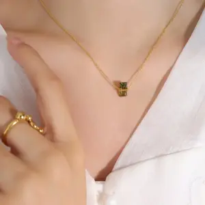 P267-Golden August Olive Stone Necklace-40+5cm