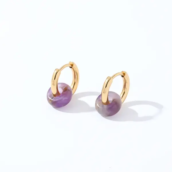 Wholesale PVD Coated K Gold Plated Round 304 Stainless Steel Natural Stone Retro Simple Style Waterproof Non Tarnish Hoop Earrings