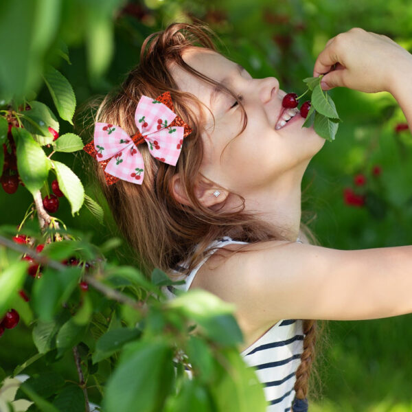 Wholesale Pink Plaid Cherry Print Bow Hairpin