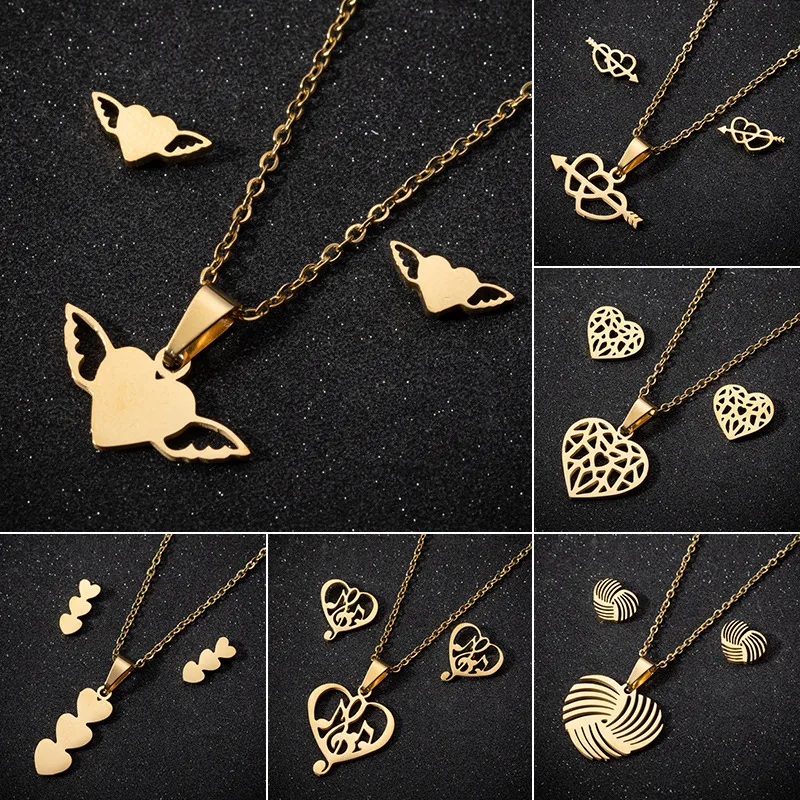 PVD Coated 18K Gold Real Gold Plated Heart Shape 201 Stainless Steel Fashion Waterproof Non Tarnish Earrings Necklace