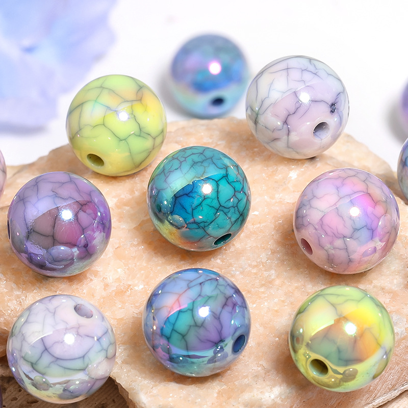 Wholesale Acrylic UV plated color imitation marble crack round beads mobile phone chain beaded pen diy jewelry aessories beads