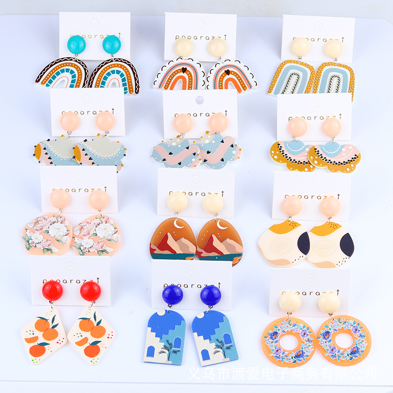 Wholesale Korean Cartoon Rainbow Contrasting Color Earrings Summer Small Fresh Stylish Temperament Acrylic Earrings Earrings for Women