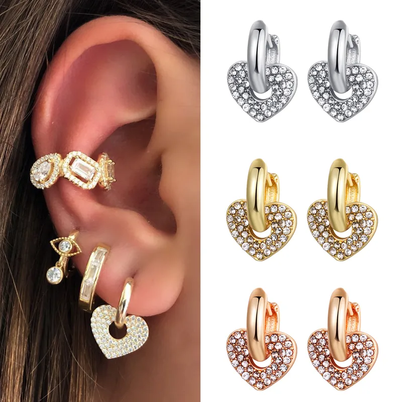 Wholesale Fashion Heart Shape Copper op Earrings Gold Plated Zircon Copper Earrings