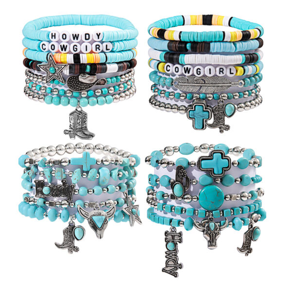 Wholesale European and American Cross-border Explosive Bracelet suit Fashion Personalized Niutou Turquoise Beaded Elastic Bracelet suit Jewelry