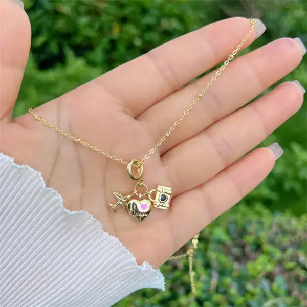 Copper 18K Gold Plated Inlay Sunflower Heart Shape Airplane Zircon Pendant Necklace