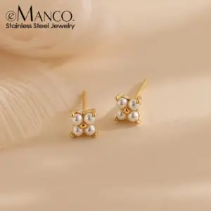 Wholesale 304 Stainless Steel Flower PVD Coated Artificial Pearls 14K Real Gold Plated Ear Studs