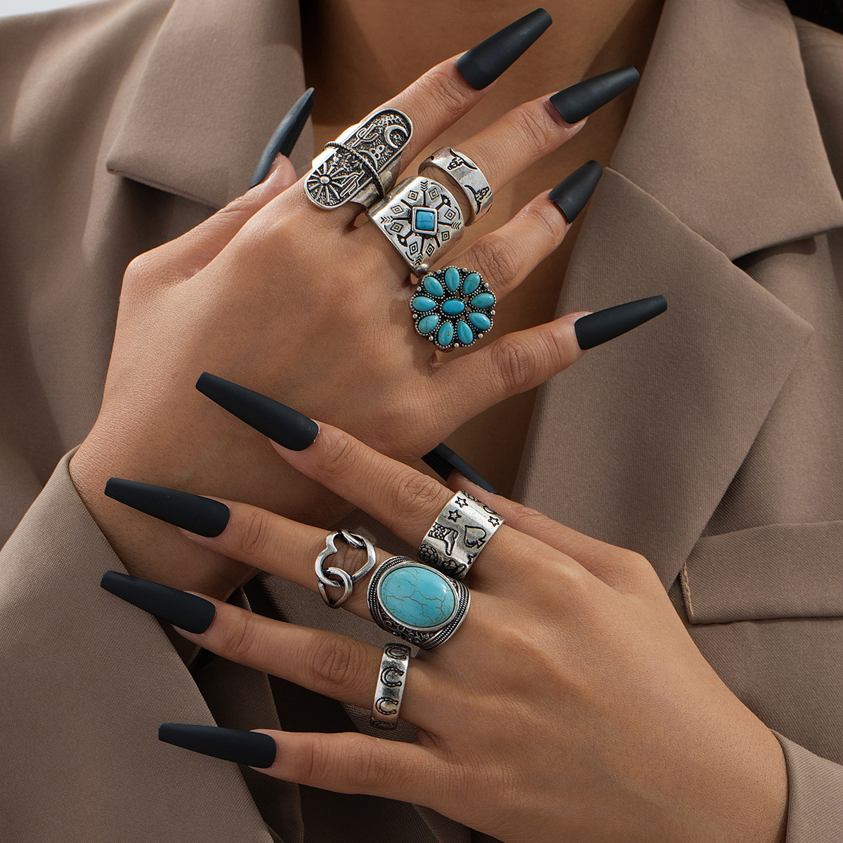 Wholesale Retro Exaerated Western Style Old Ancient Sier Turquoise Geometric Ring suit European and American Personality Punk Style Ring